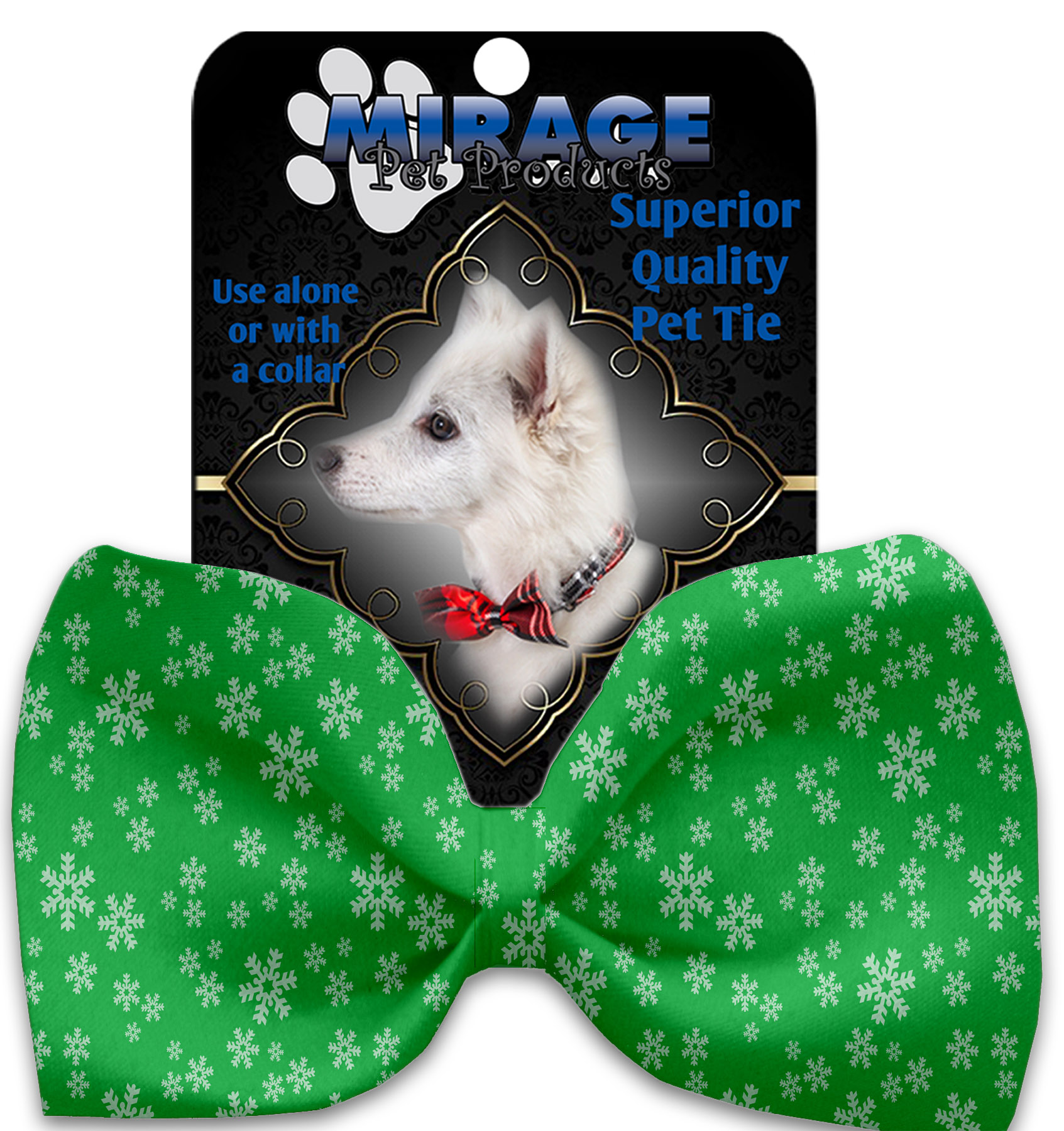 Green and White Snowflakes Pet Bow Tie Collar Accessory with Velcro